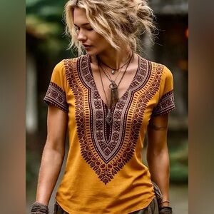 Woman’s Boho V-Neck Embroidered Women’s Top in Mustard M NWOT